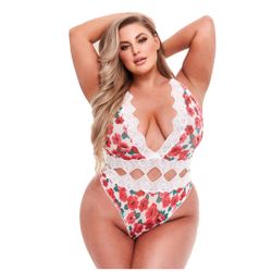 Baci - White Floral & Lace Thong Bodysuit - Curvy