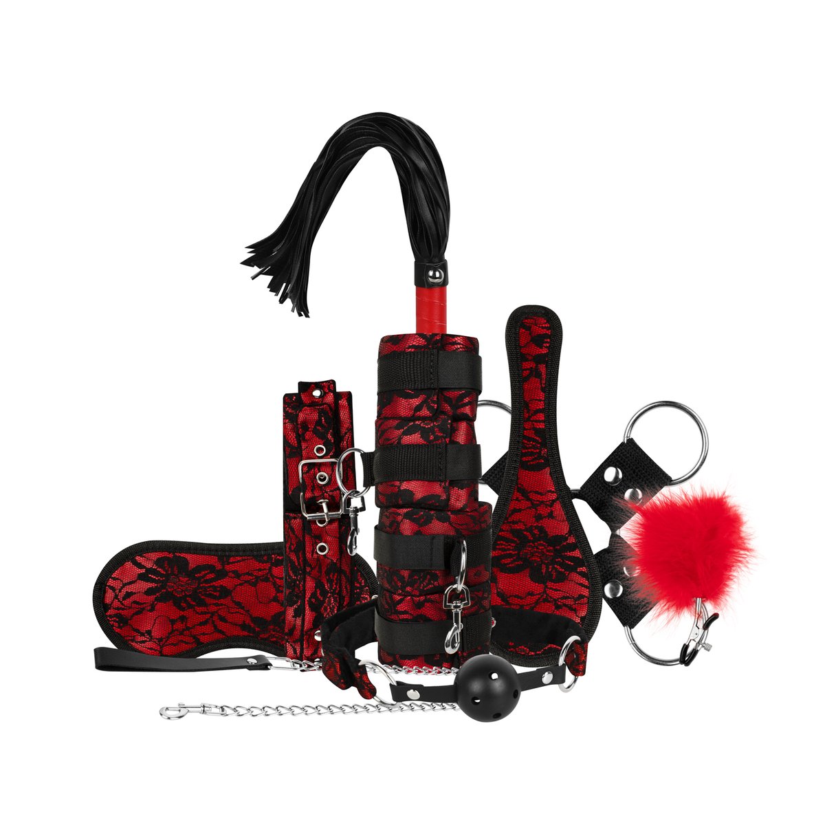 Bedroom Fantasies - Lace & Leather Look - 8-delige Bondage Set - Rood Bedroom Fantasies - Lace & Leather Look - 8-delige Bondage Set - Rood