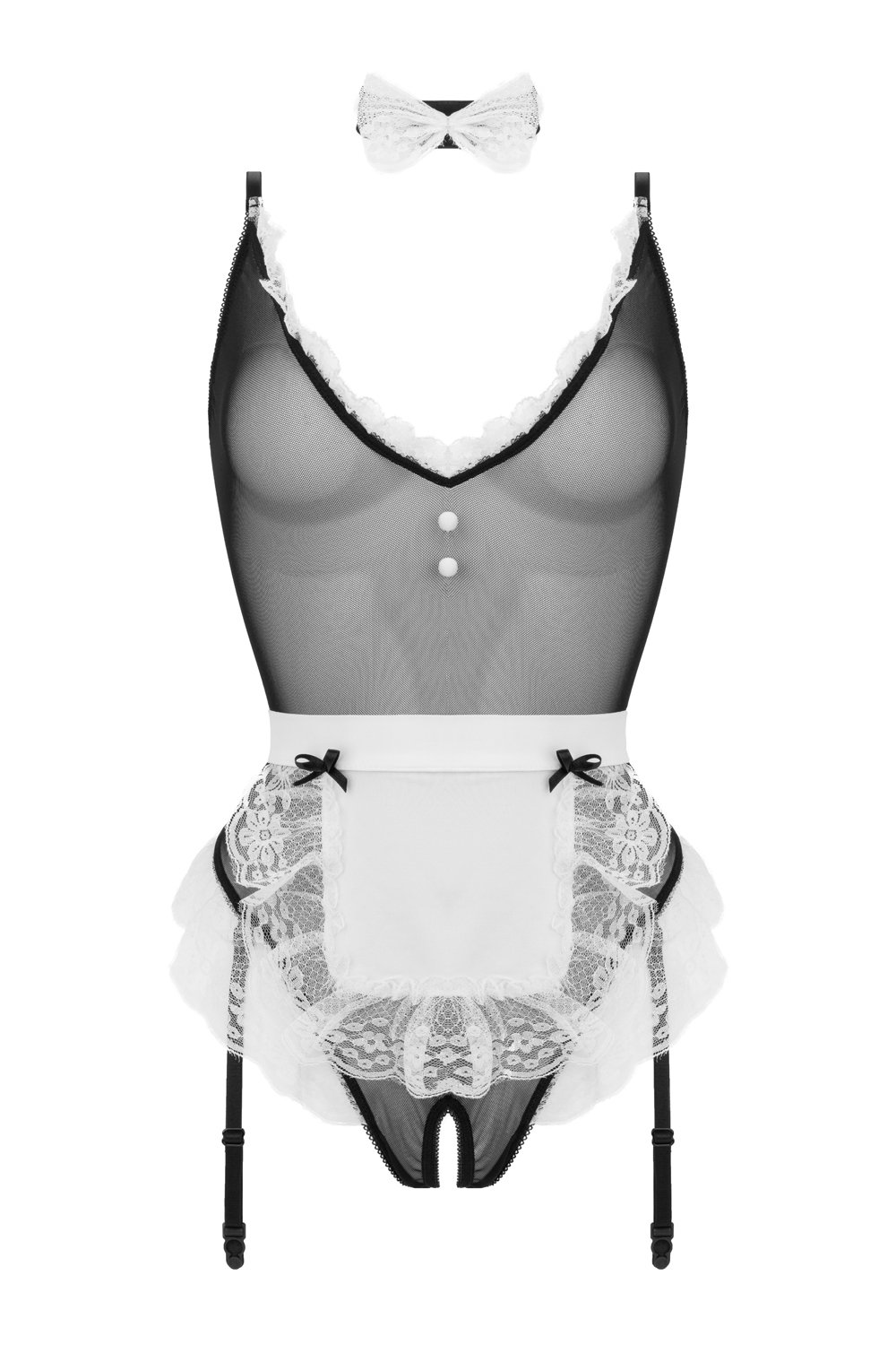 Christine - Maid Open Kruis Kostuum - Zwart/Wit