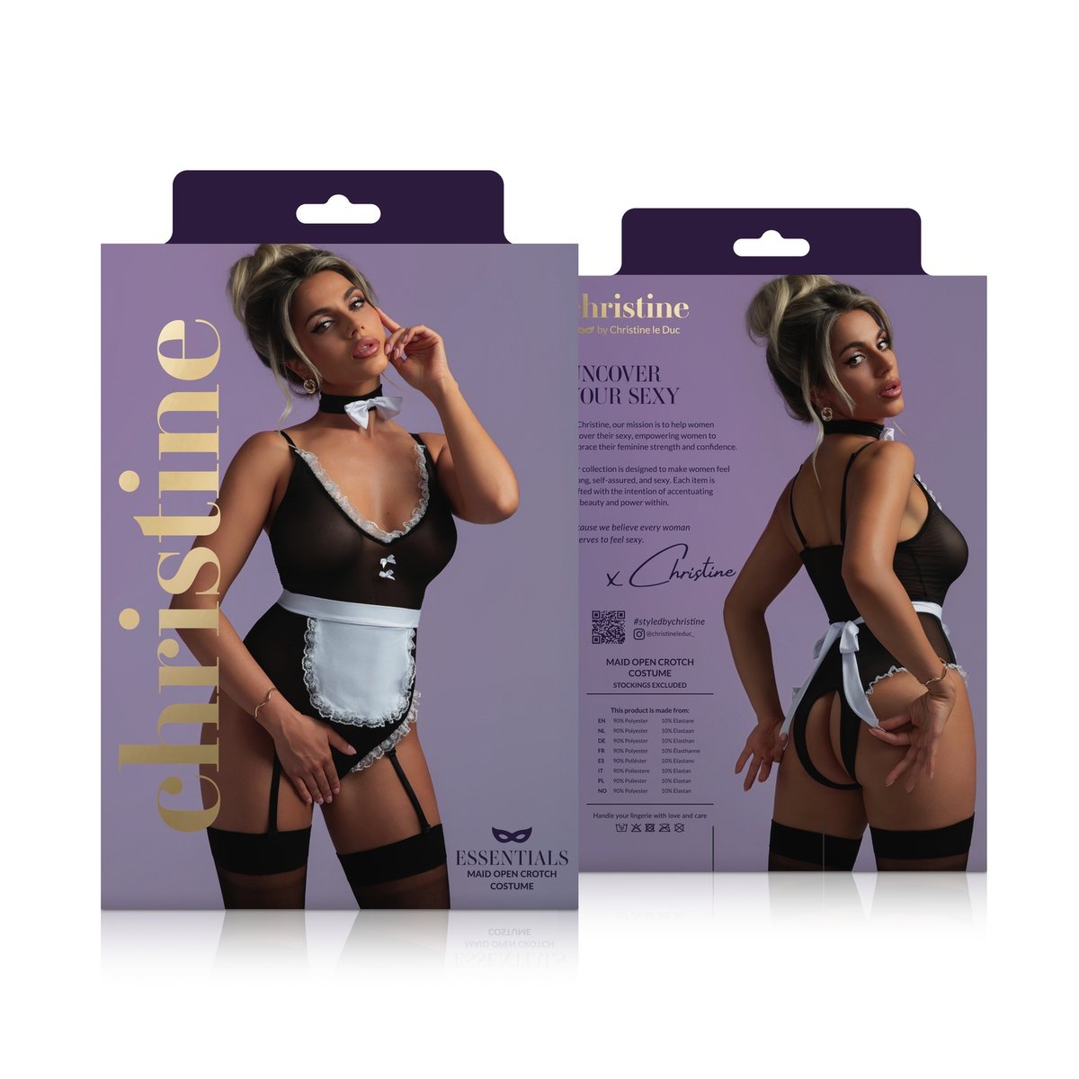 Christine - Maid Open Kruis Kostuum - Zwart/Wit