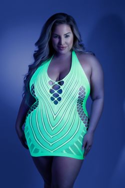 Shock Value Halter Dress with Net Fabric Neon Green - Curvy