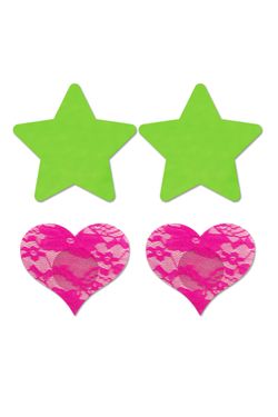Autocollants pour seins étoile et cœur 2 pièces - Vert fluo/Rose fluo