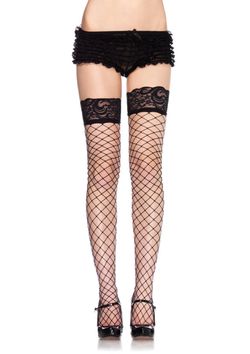 Net Stocking With Lace Top - Black