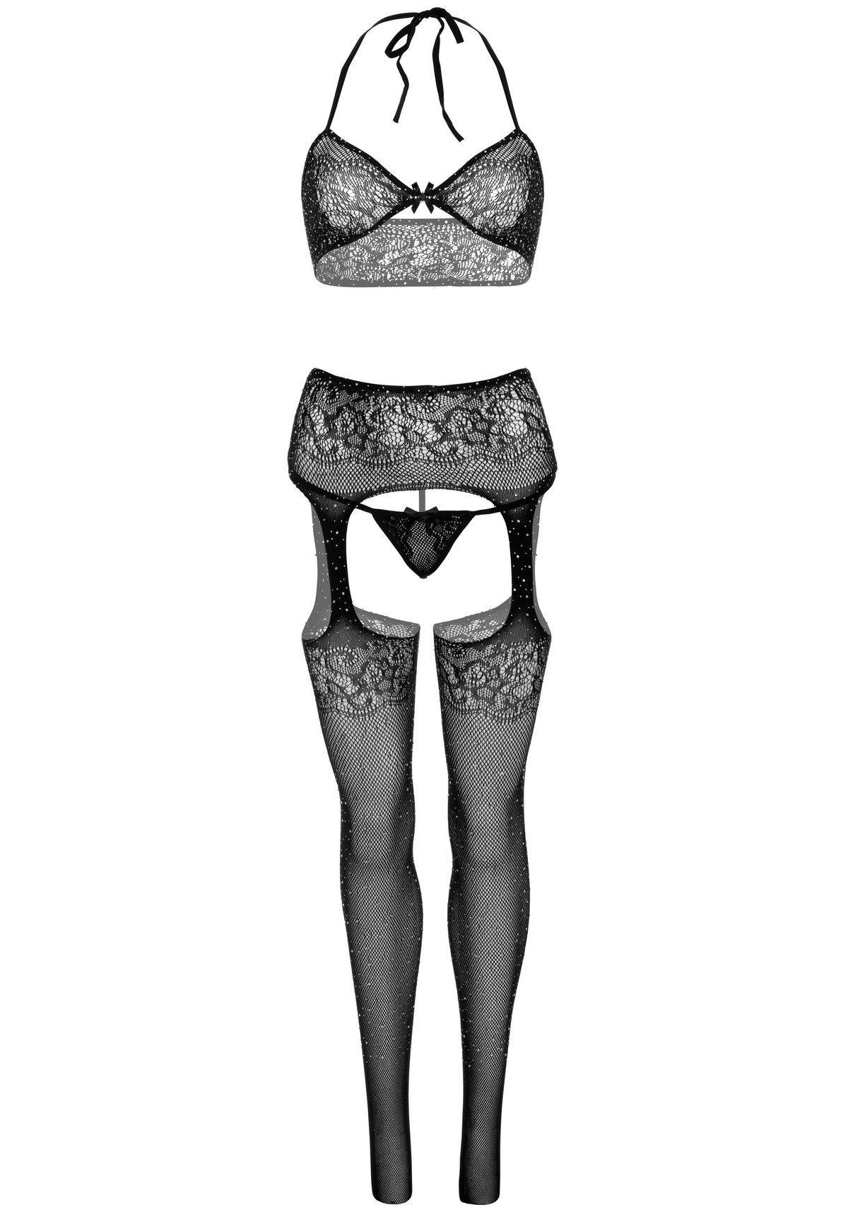BH-top, string en kousen - Zwart
