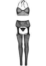 BH-top, string en kousen - Zwart