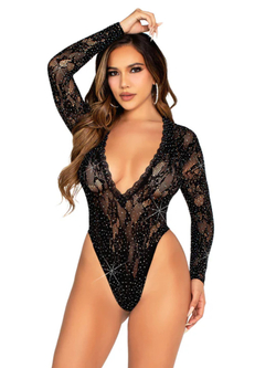 Leg Avenue – Lace Bodysuit with Deep-V Neckline – Black