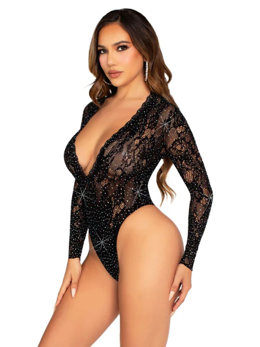 Leg Avenue – Kant Bodysuit met Deep-V Hals – Zwart - Afbeelding 3