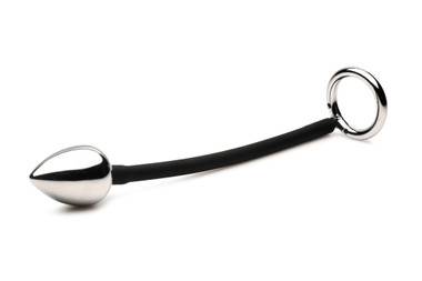 Master Series - Tug + Plug Cock & Ball Ring with Anal Plug - Black & Silver  - EasyToys