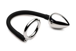 XR Brands - Tug + Plug Cock & Ball Ring with Anal Plug - Black & Silver