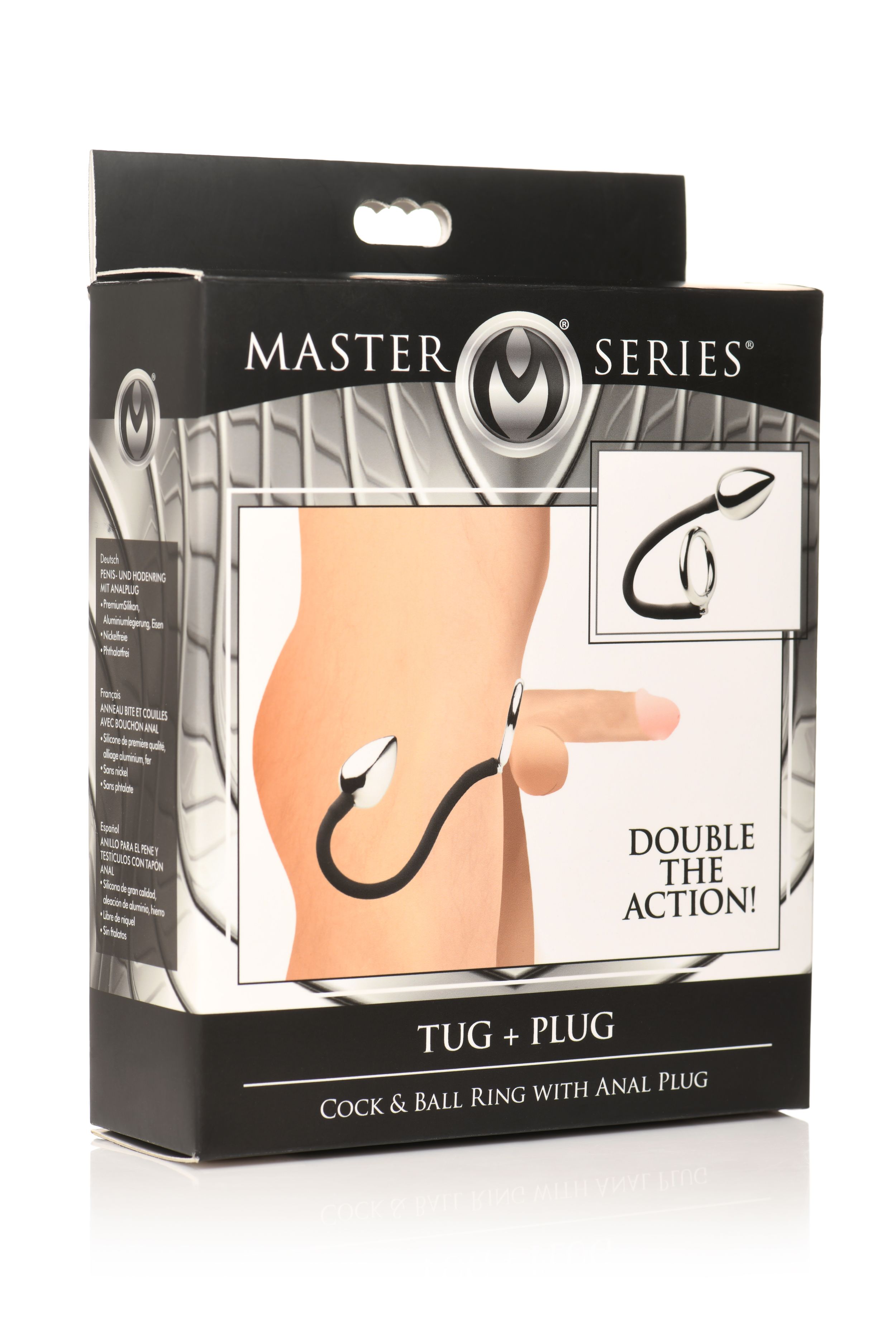 Master Series - Tug + Plug Cock & Ball Ring met Anaalplug - Zwart&Zilver foto 7
