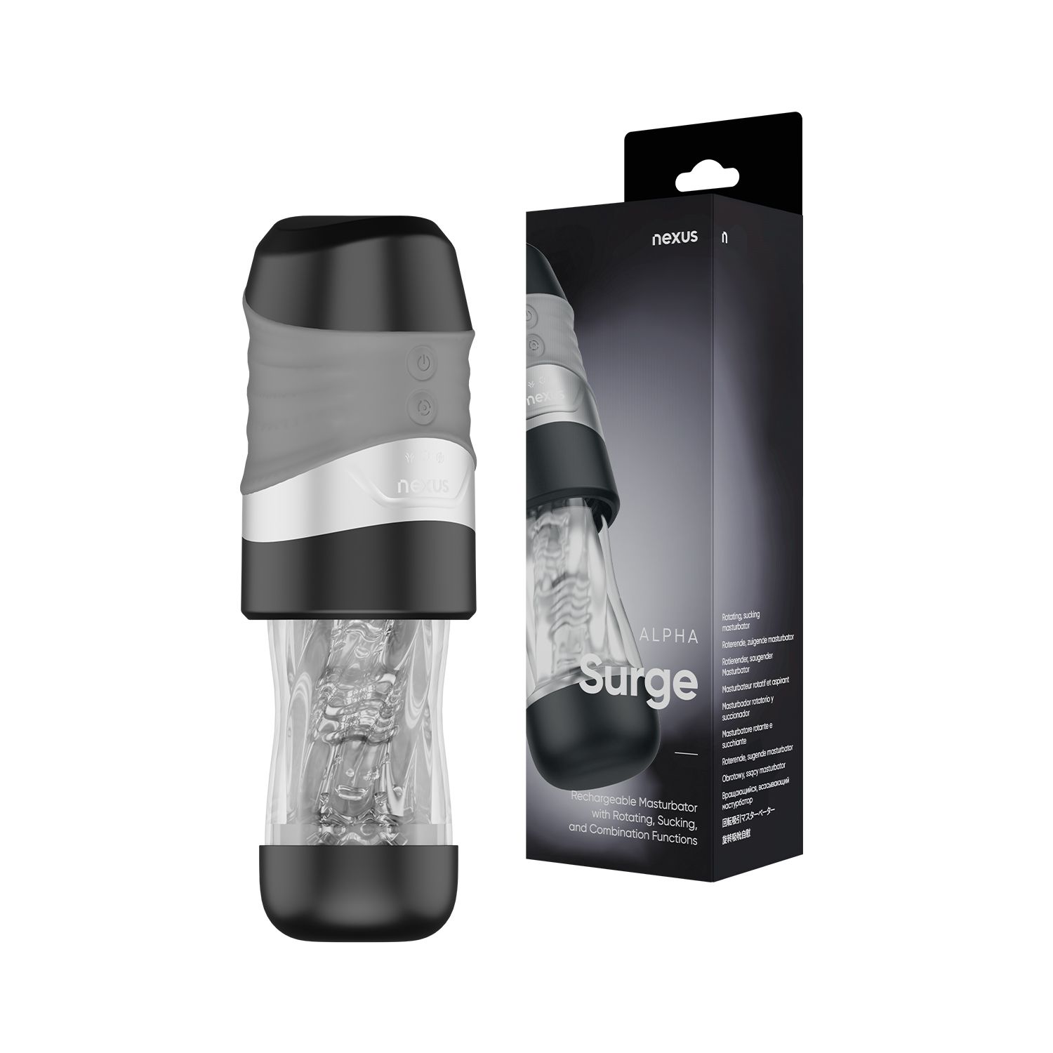Nexus – Alpha Surge Masturbator met Rotatie & Zuigfunctie – Zwart - Afbeelding 3