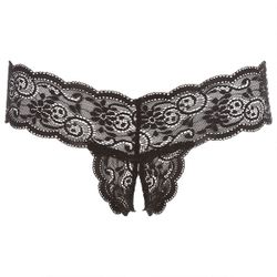 Love Story Lace Crotchless Thong - Black