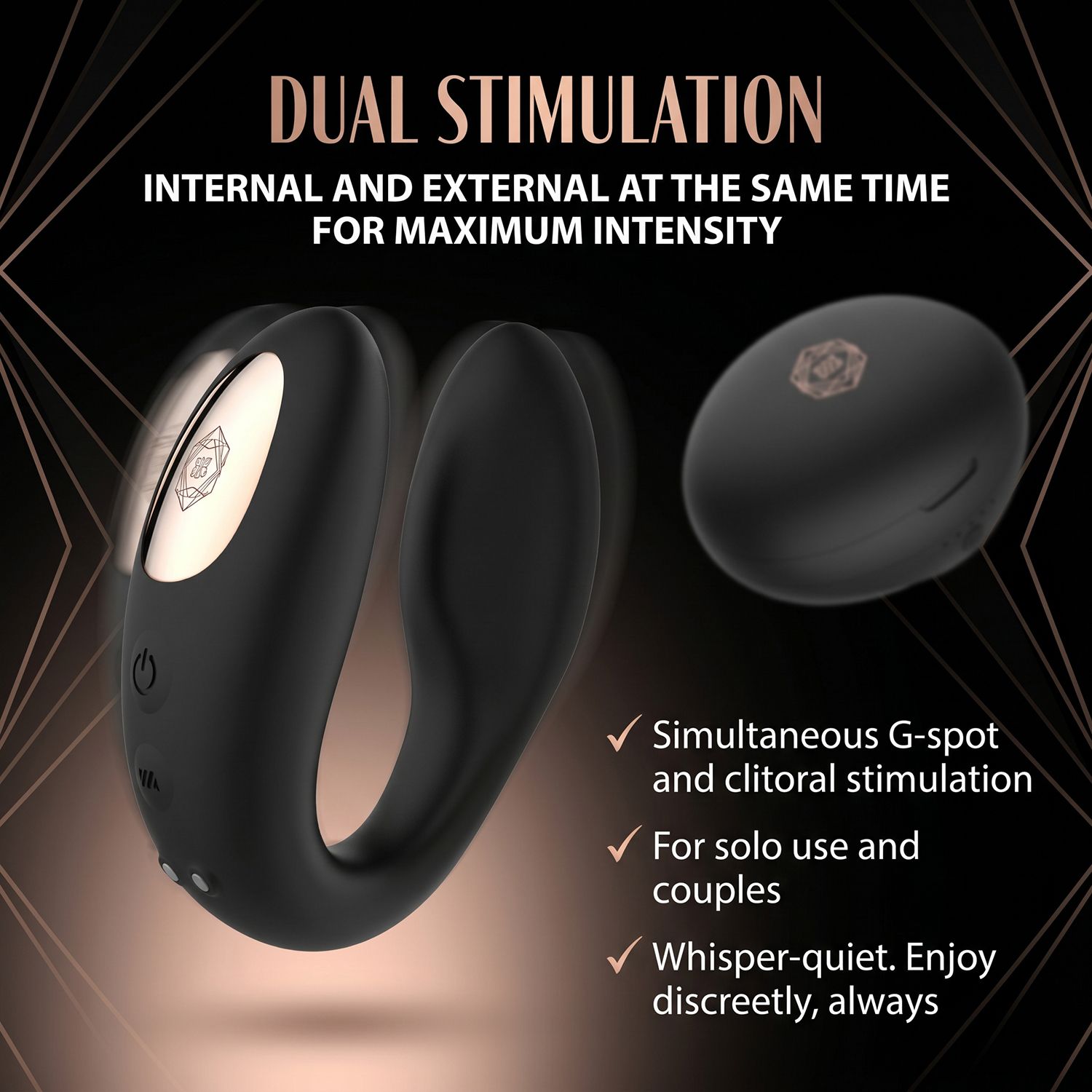 Rosy Gold – C-Shape Vibrator met Luxe Oplaadcase – Zwart - Afbeelding 2