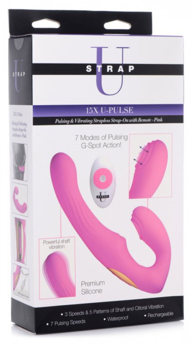 15X U-Pulse Silicone Pulsating and Vibrating Strapless Strap-on with Remote 