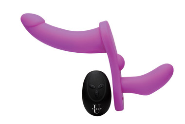 XR Brands - Doppeldildo mit Vibration und Gurt - Lila - EasyToys